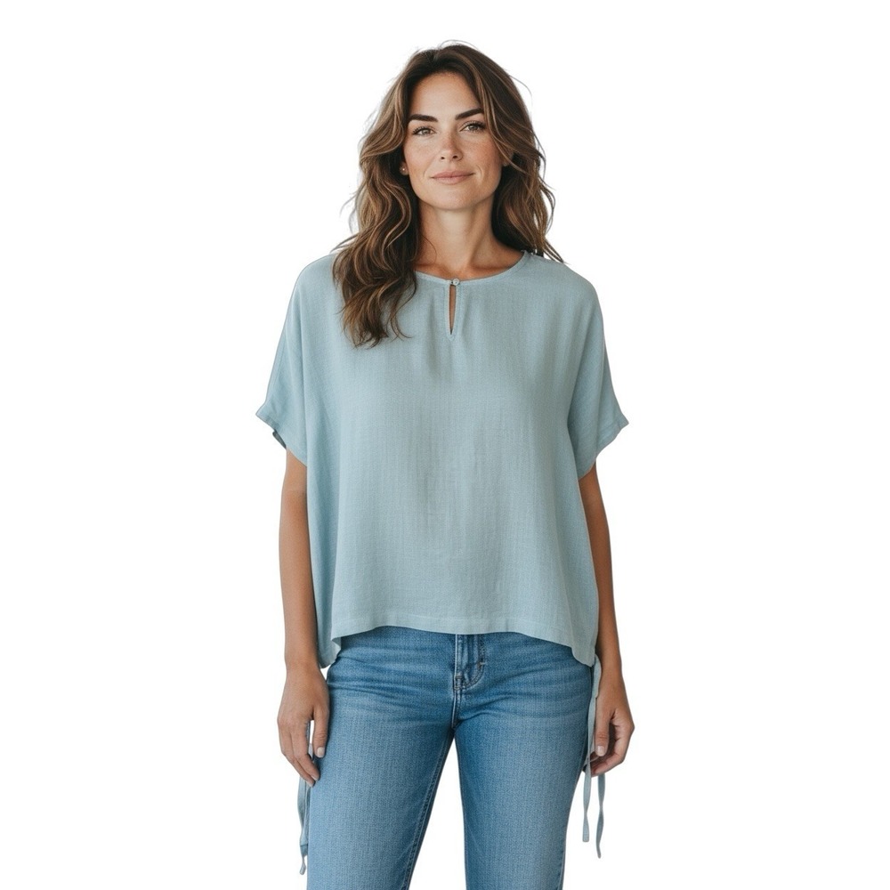 Eileen Fisher 100% Linen Light Teal Boxy Side Tie Top S/M